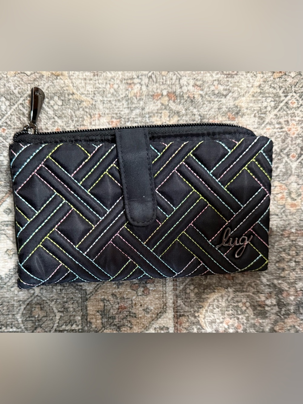 Lug Tram Black Quilted Wristlet with Pastel Multicolor Stitching